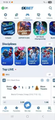 1xBet app esports section