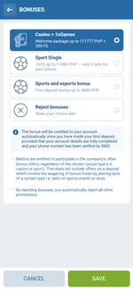 1xBet app bonuses screen